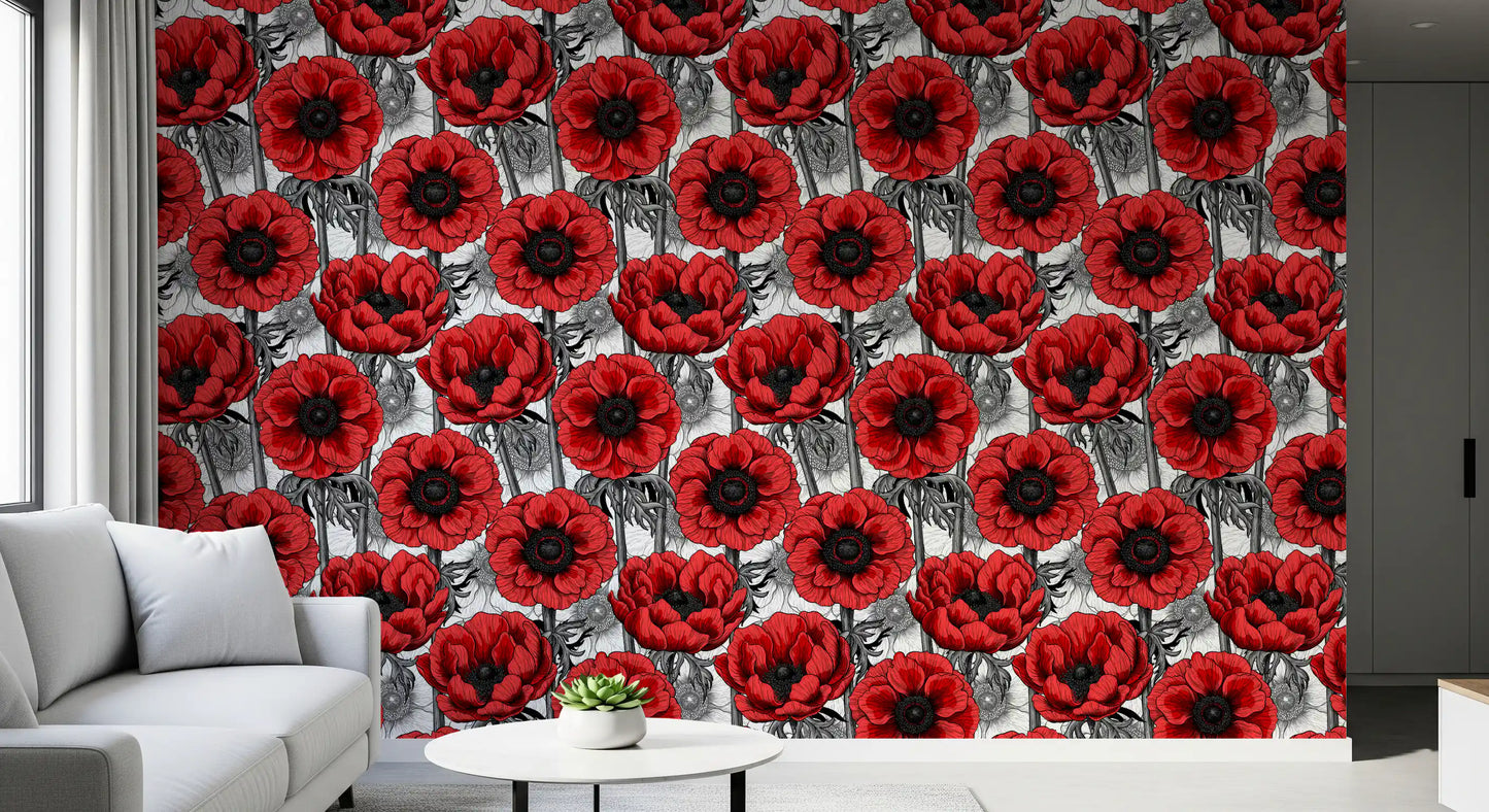 Hallway setup with Red Anemone Garden on White wallpaper