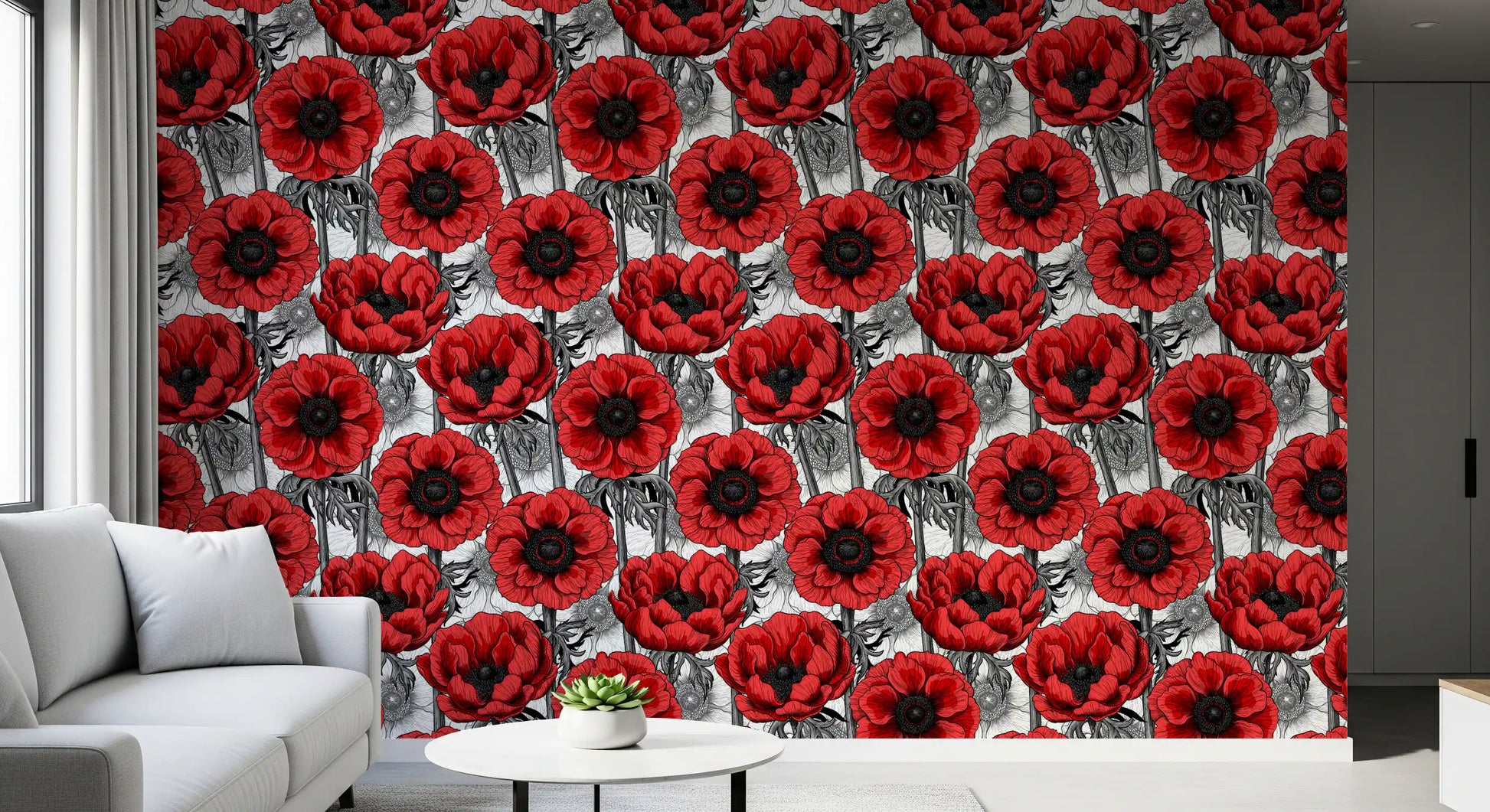Hallway setup with Red Anemone Garden on White wallpaper