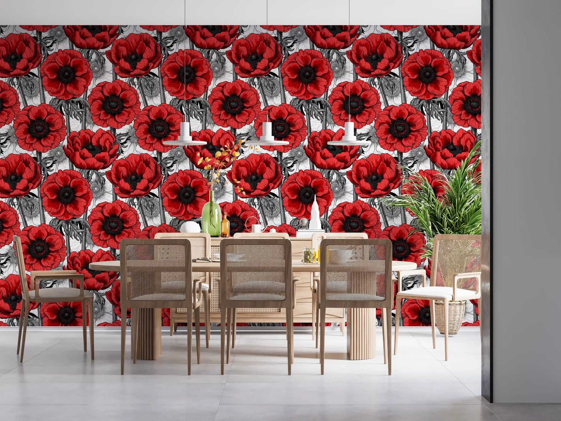Dining room interior featuring Red Anemone Garden on White wallpaper