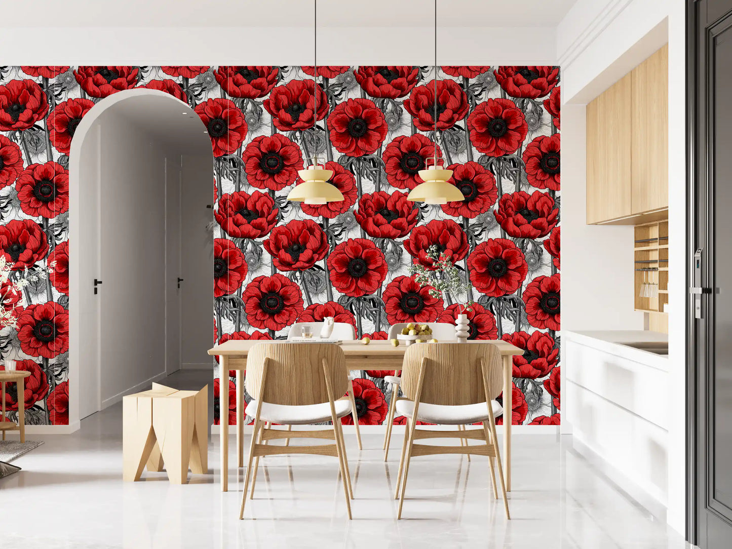 Red Anemone Garden on White wallpaper with large bloom pattern
