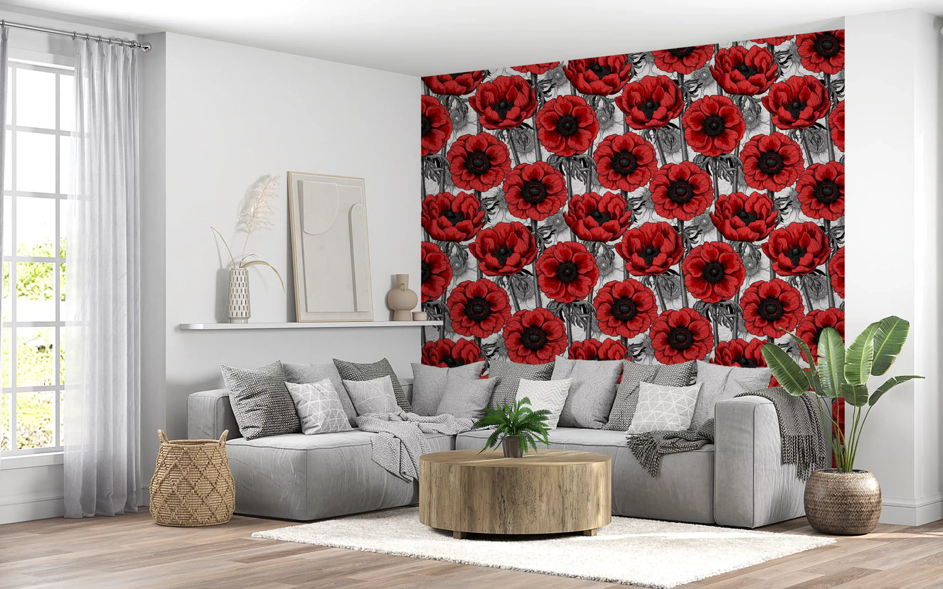 Hallway design using Red Anemone Garden on White wallpaper pattern