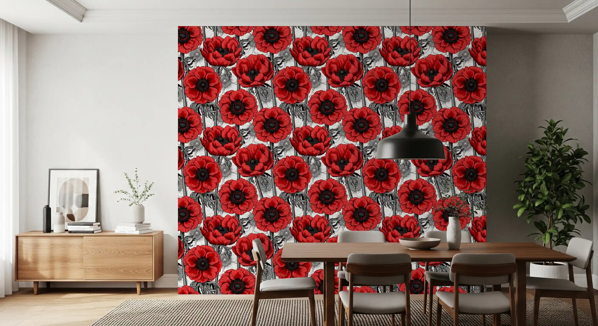 Red Anemone Garden on White wallpaper with black line detailing