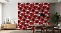 Red Anemone Garden on White wallpaper with black line detailing