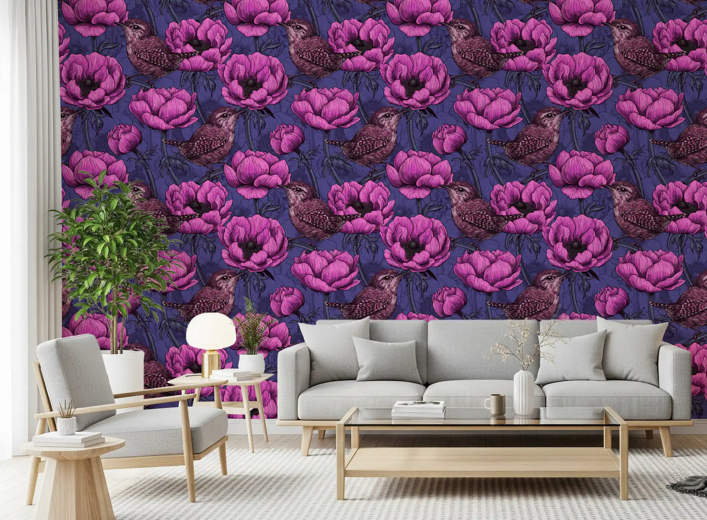 Wrens in the anemone garden Wallpaper⁠