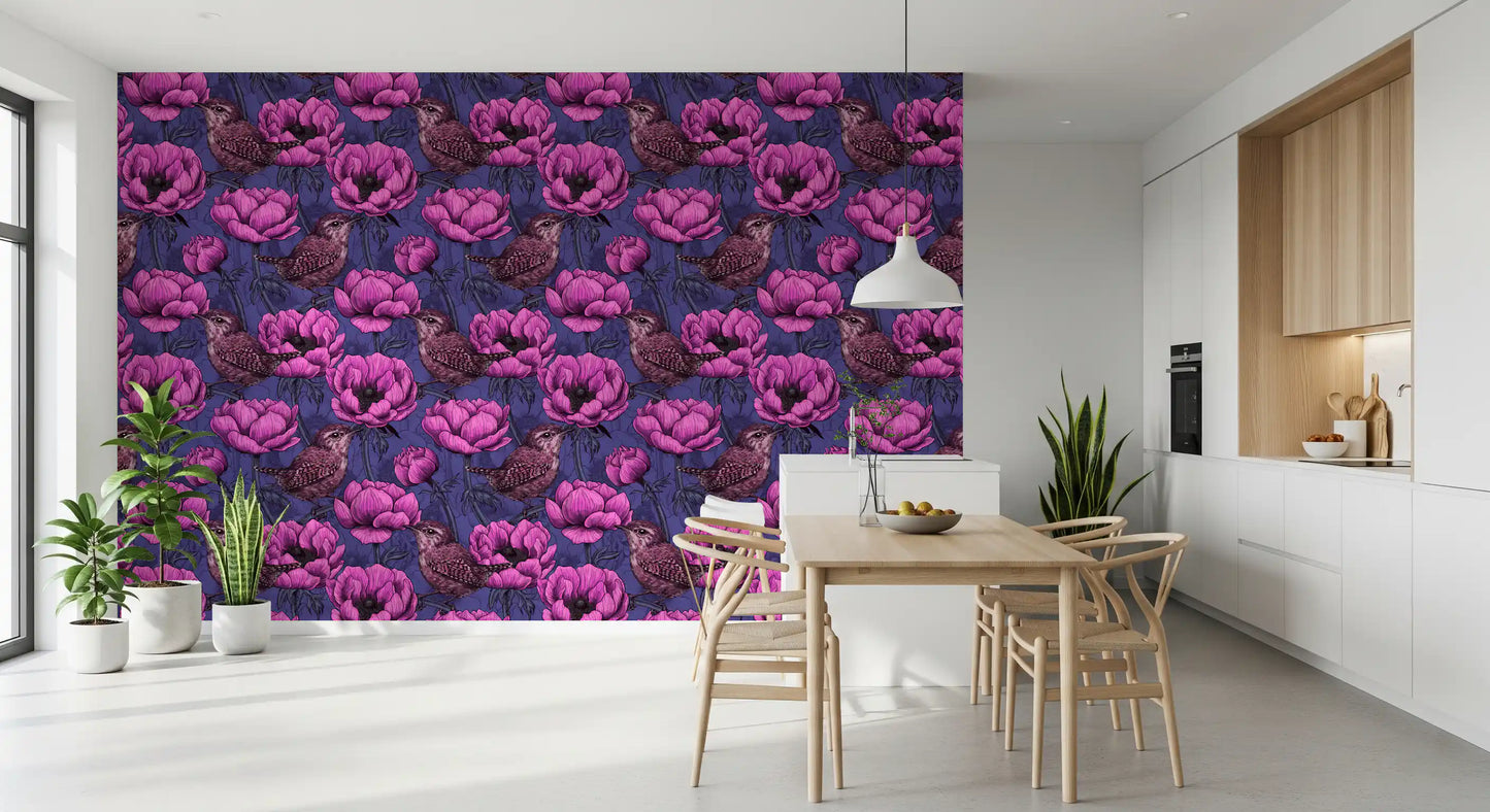 Wrens in the anemone garden Wallpaper⁠