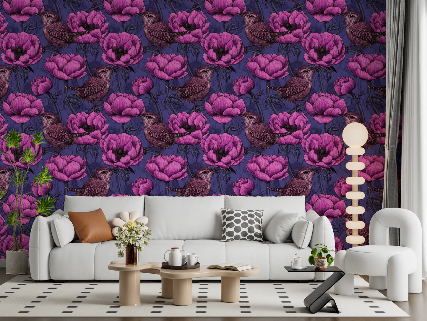 Wrens in the anemone garden Wallpaper⁠