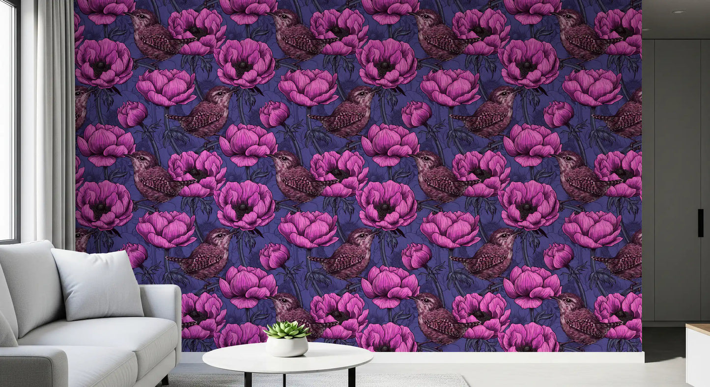 Wrens in the anemone garden Wallpaper⁠