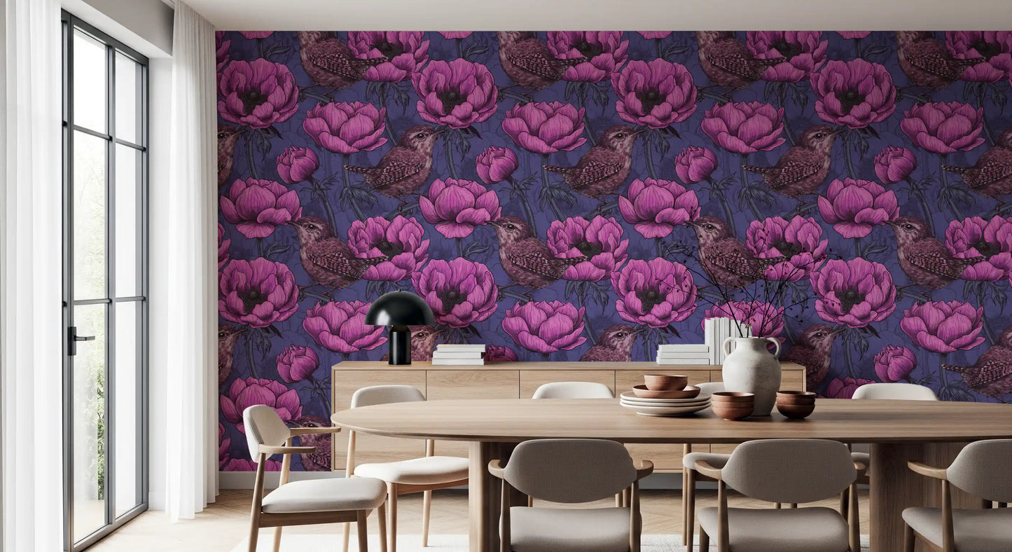 Wrens in the anemone garden Wallpaper⁠
