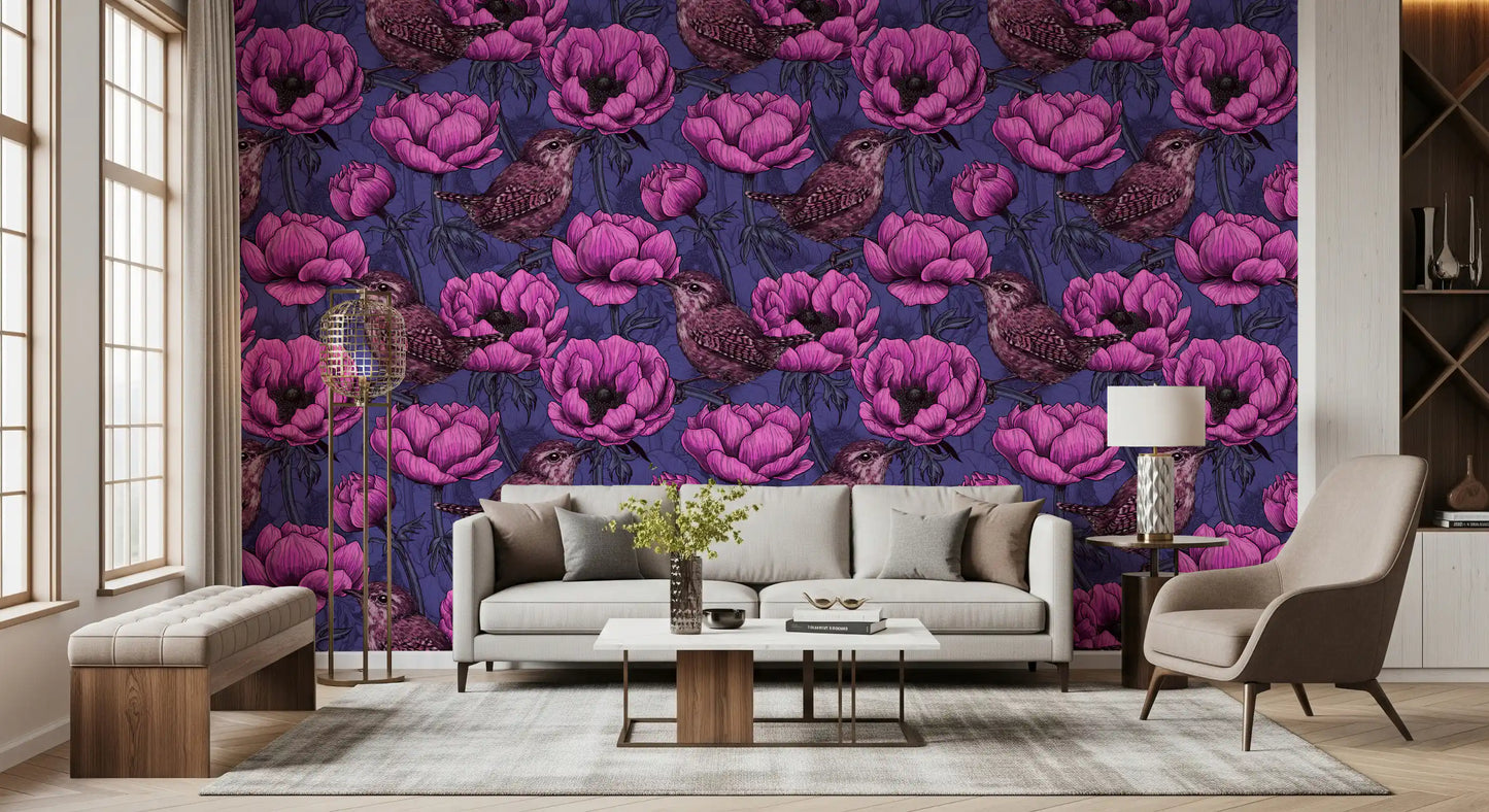 Wrens in the anemone garden Wallpaper⁠