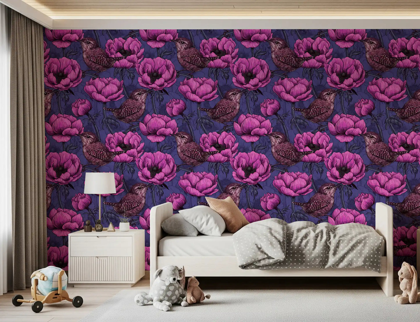 Wrens in the anemone garden Wallpaper⁠