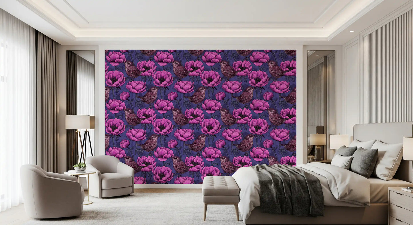Wrens in the anemone garden Wallpaper⁠