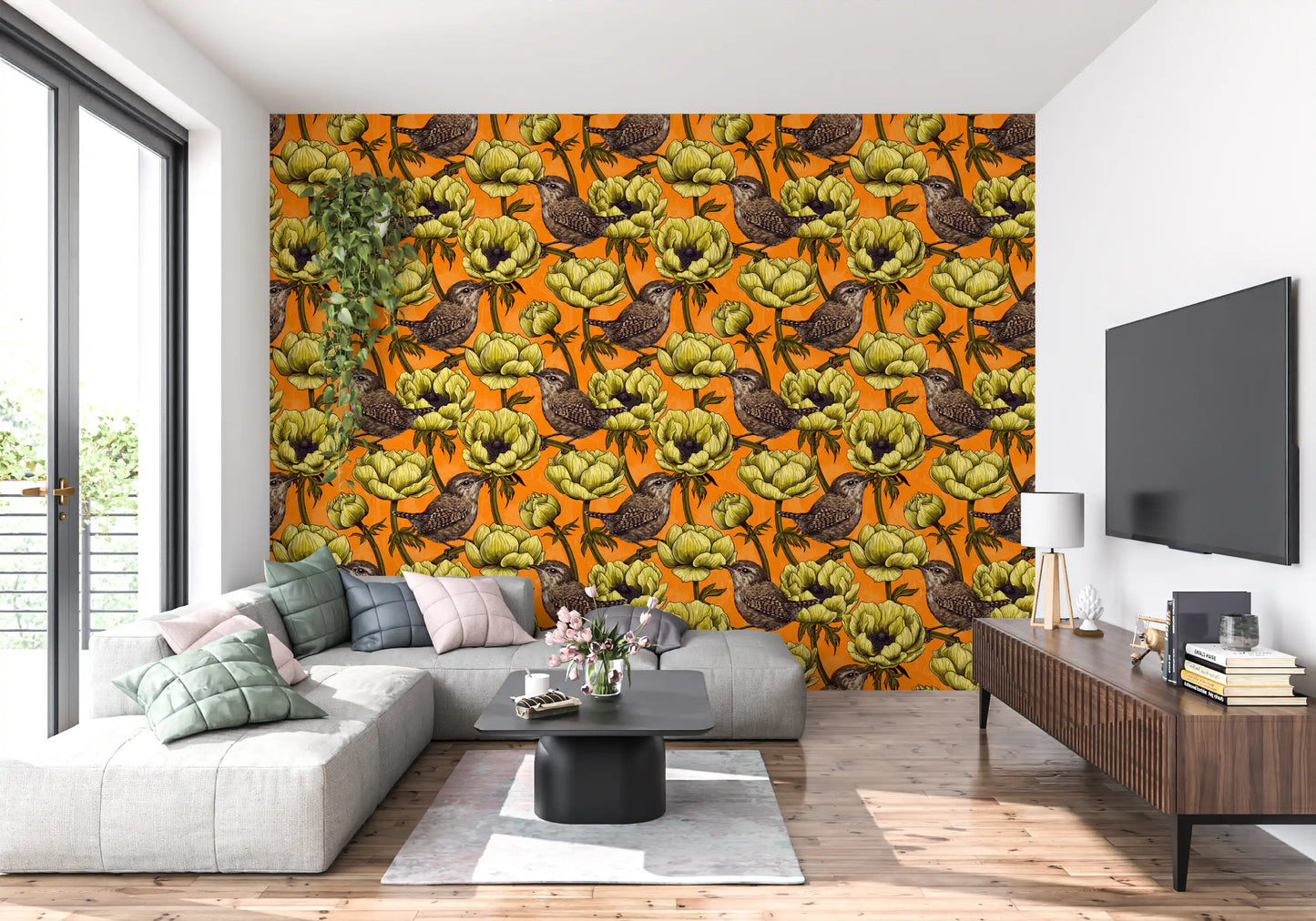 Botanical bird wallpaper showing Wrens in the Yellow Anemone Garden
