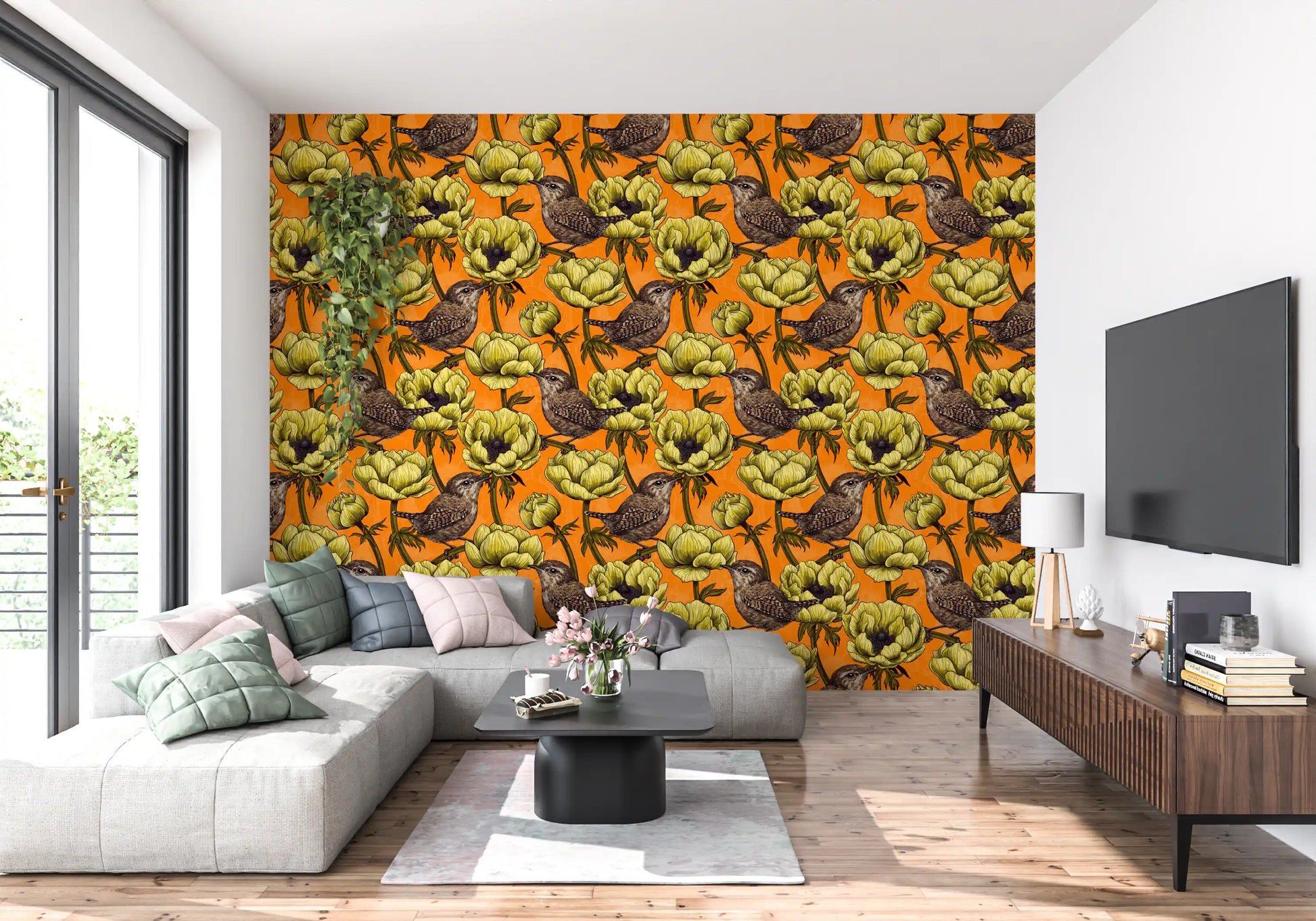 Botanical bird wallpaper showing Wrens in the Yellow Anemone Garden