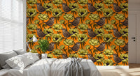 Floral wildlife wallpaper with Wrens in the Yellow Anemone Garden style