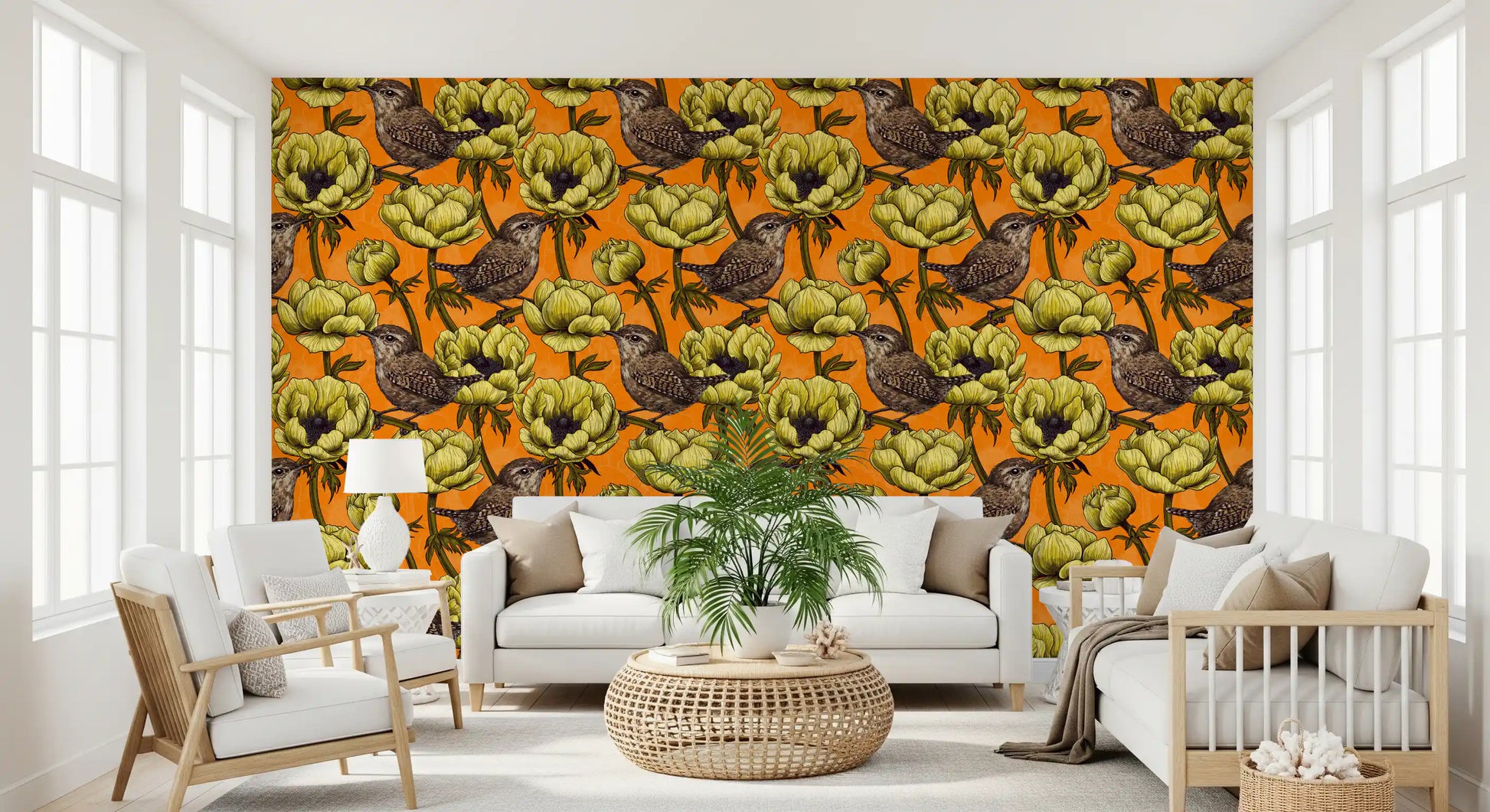 Wrens in the Yellow Anemone Garden wallpaper with orange background