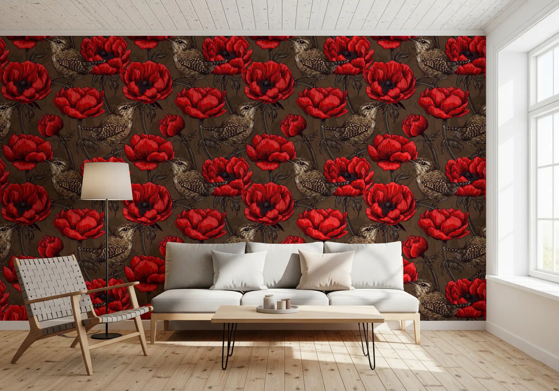 Red blooms in Wrens in Red Anemone Garden wallpaper layout