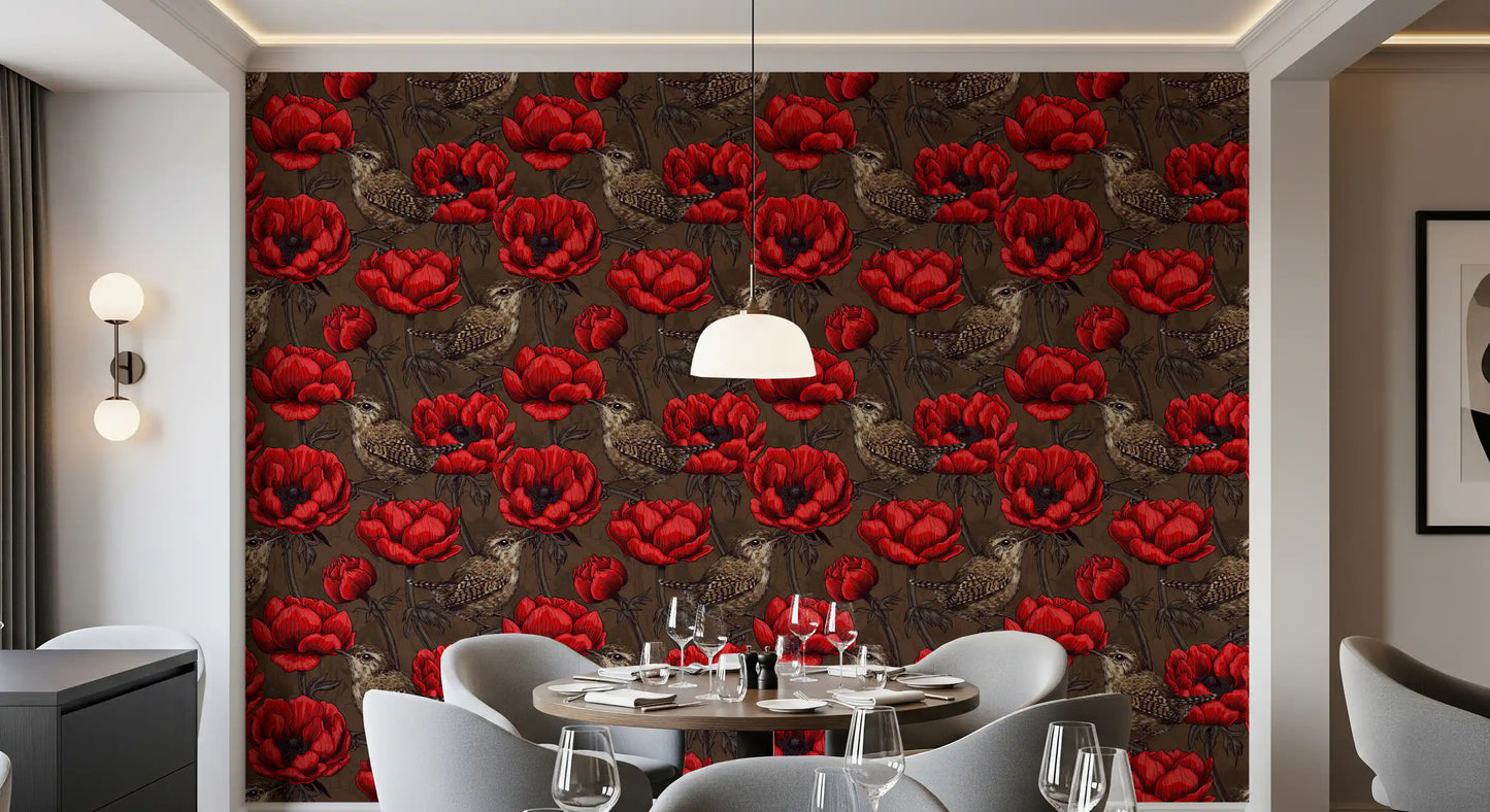 Dining room Wrens in Red Anemone Garden wallpaper pattern