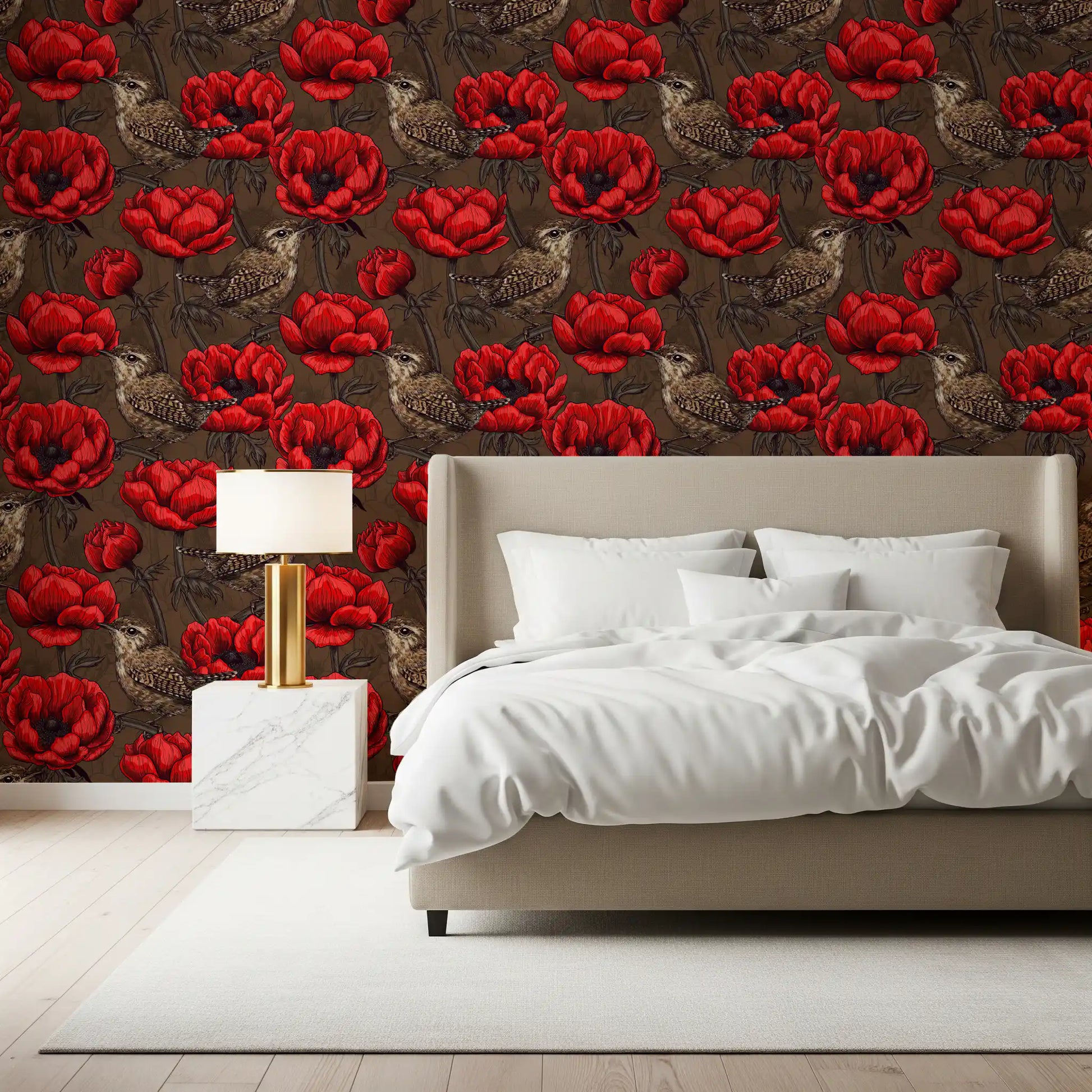 Bedroom styled Wrens in Red Anemone Garden wallpaper floral