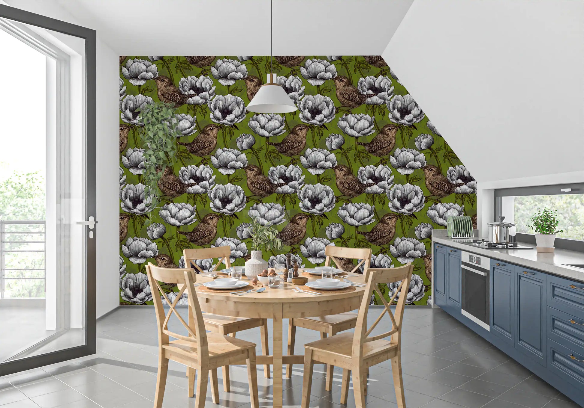 Wrens in the White Anemone Garden wallpaper with bird and blooms