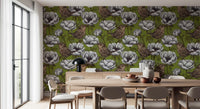 Bird perched detail in Wrens in the White Anemone Garden wallpaper