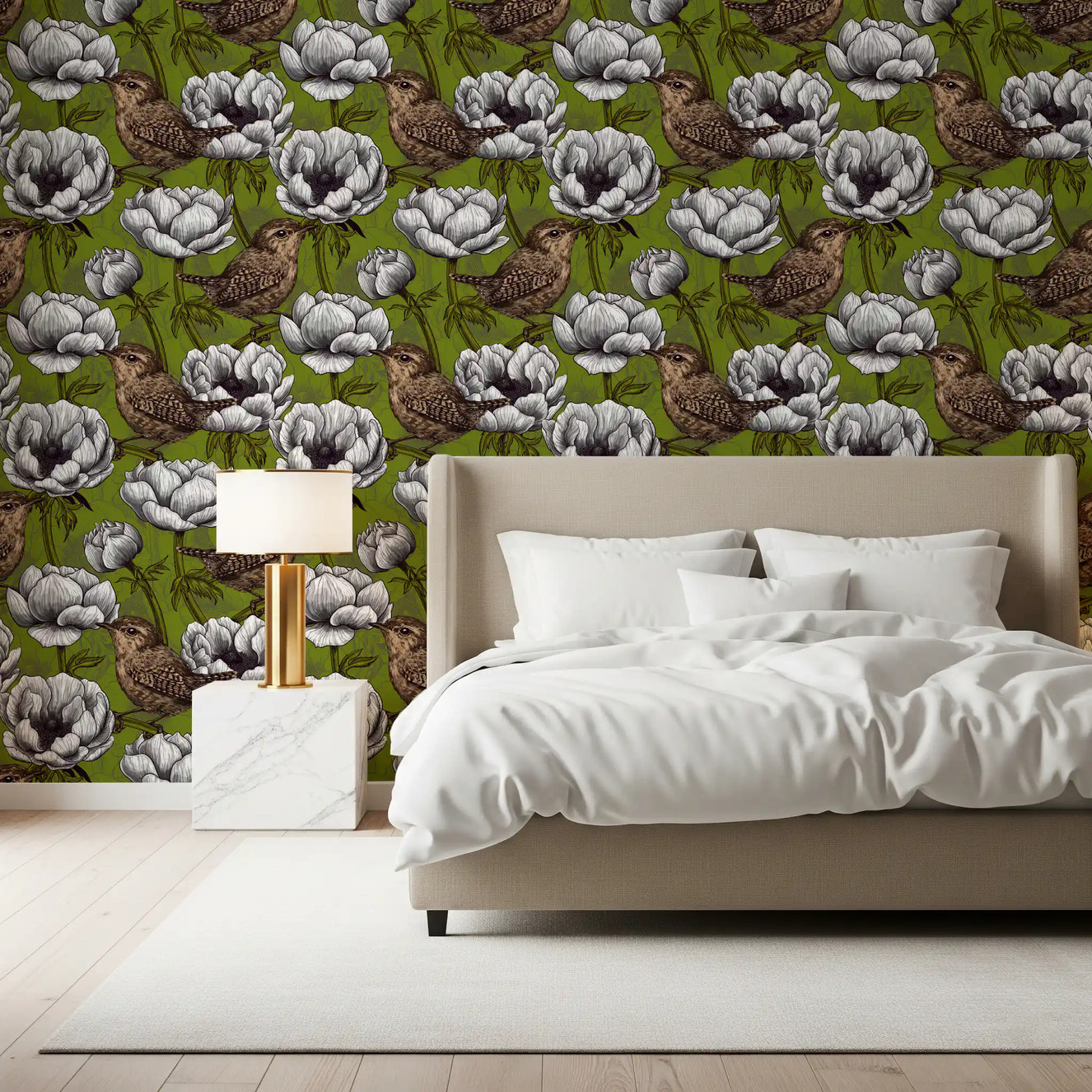 Bedroom space shows Wrens in the White Anemone Garden wallpaper