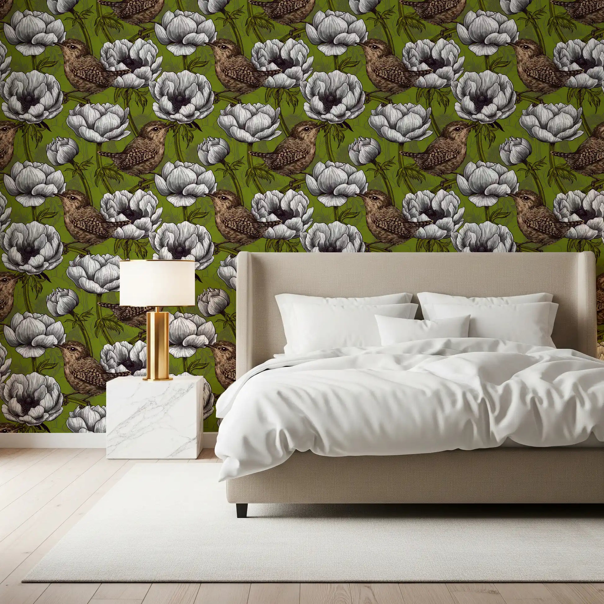 Bedroom space shows Wrens in the White Anemone Garden wallpaper