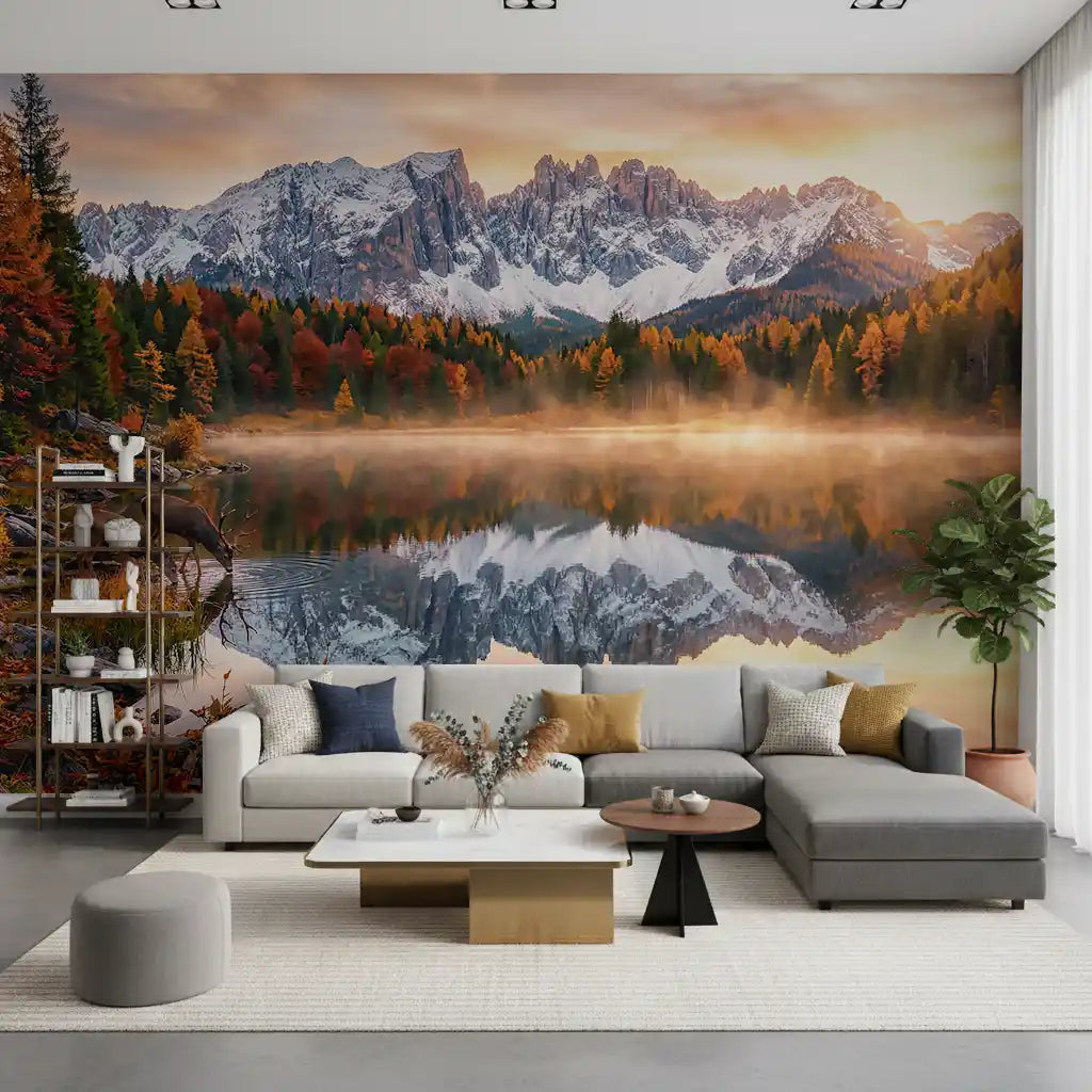 A living room setting featuring Alpine Autumn Serenity wall mural with lake and mountains