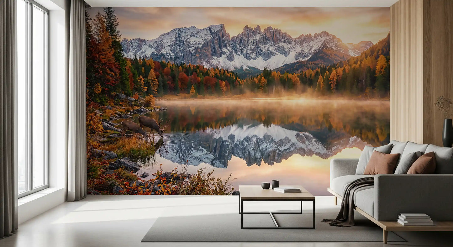 Deer by the shoreline visible in Alpine Autumn Serenity wall mural scene