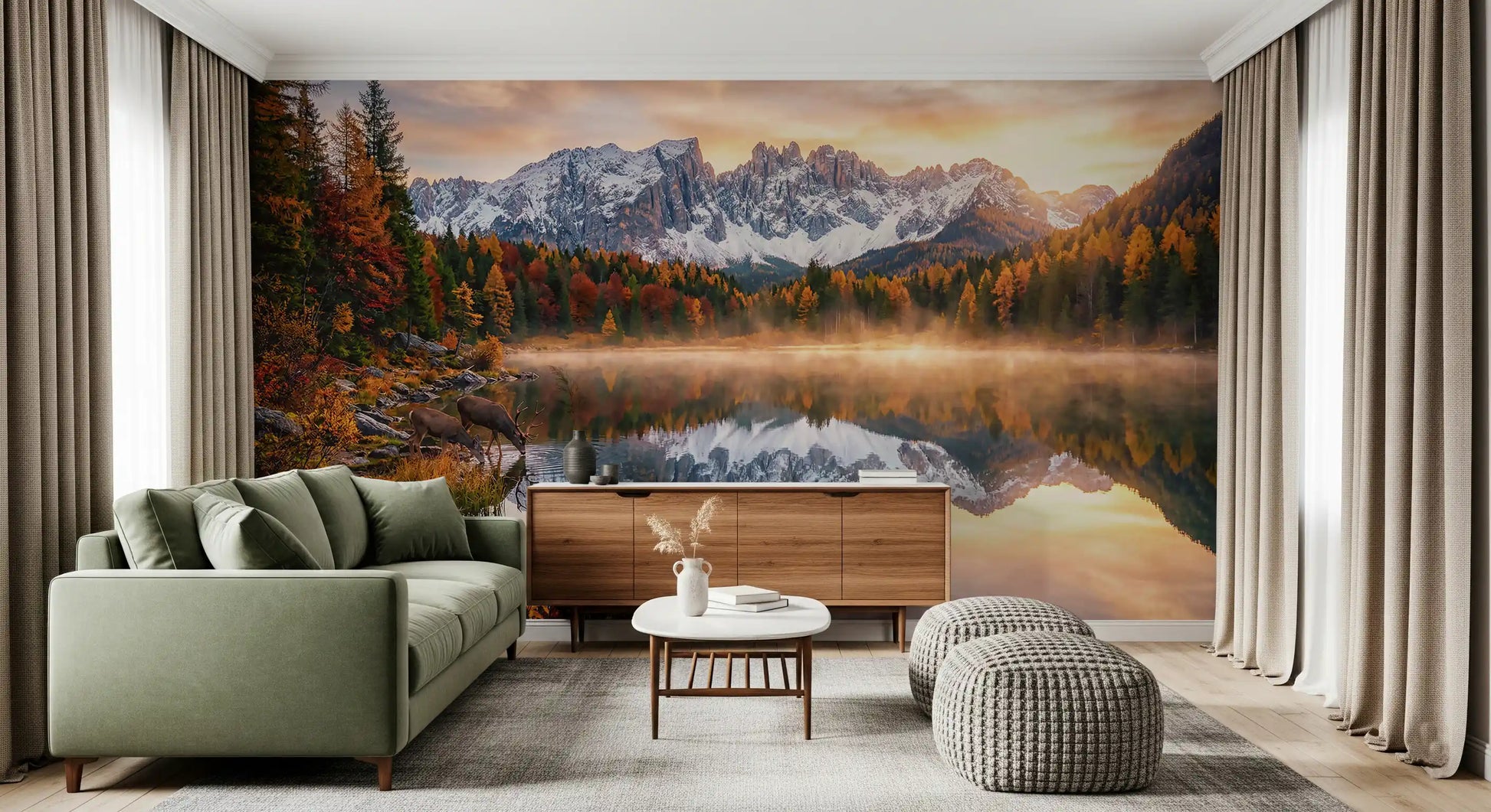 Warm fall colors across trees in Alpine Autumn Serenity wall mural design