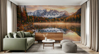 Warm fall colors across trees in Alpine Autumn Serenity wall mural design