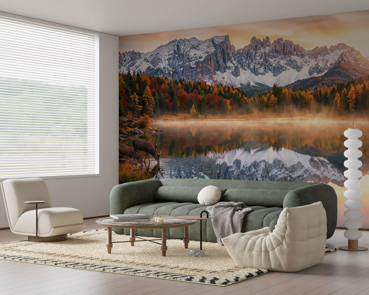 Lake reflection and snowy peaks captured in Alpine Autumn Serenity wall mural