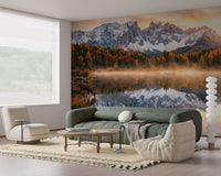Lake reflection and snowy peaks captured in Alpine Autumn Serenity wall mural