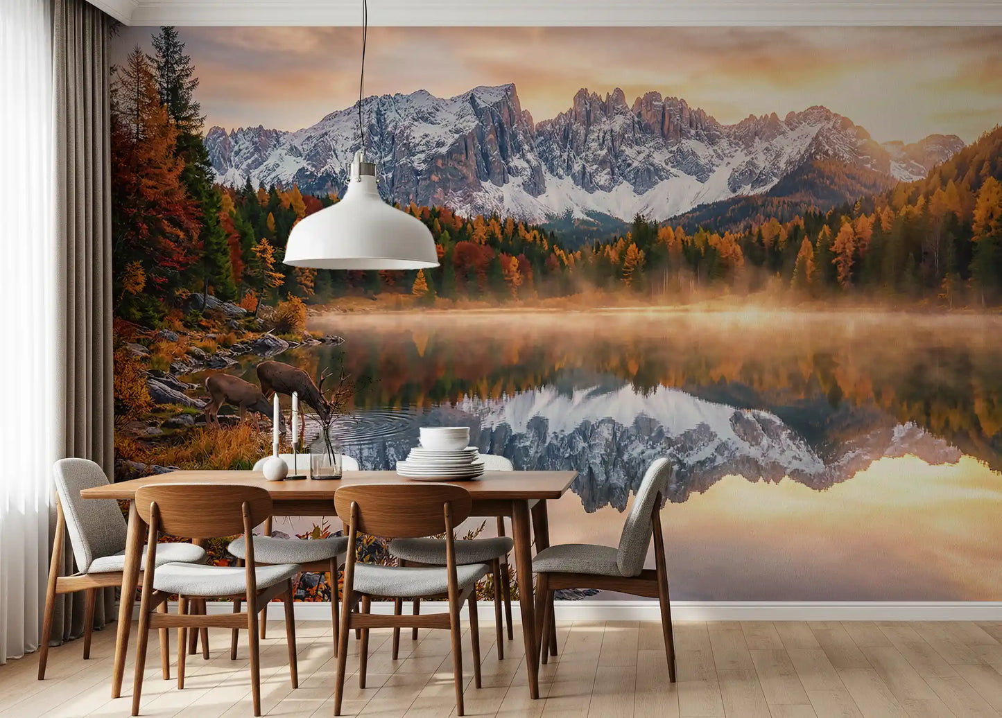 Autumn forest and calm water view in Alpine Autumn Serenity wall mural
