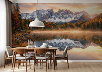 Autumn forest and calm water view in Alpine Autumn Serenity wall mural
