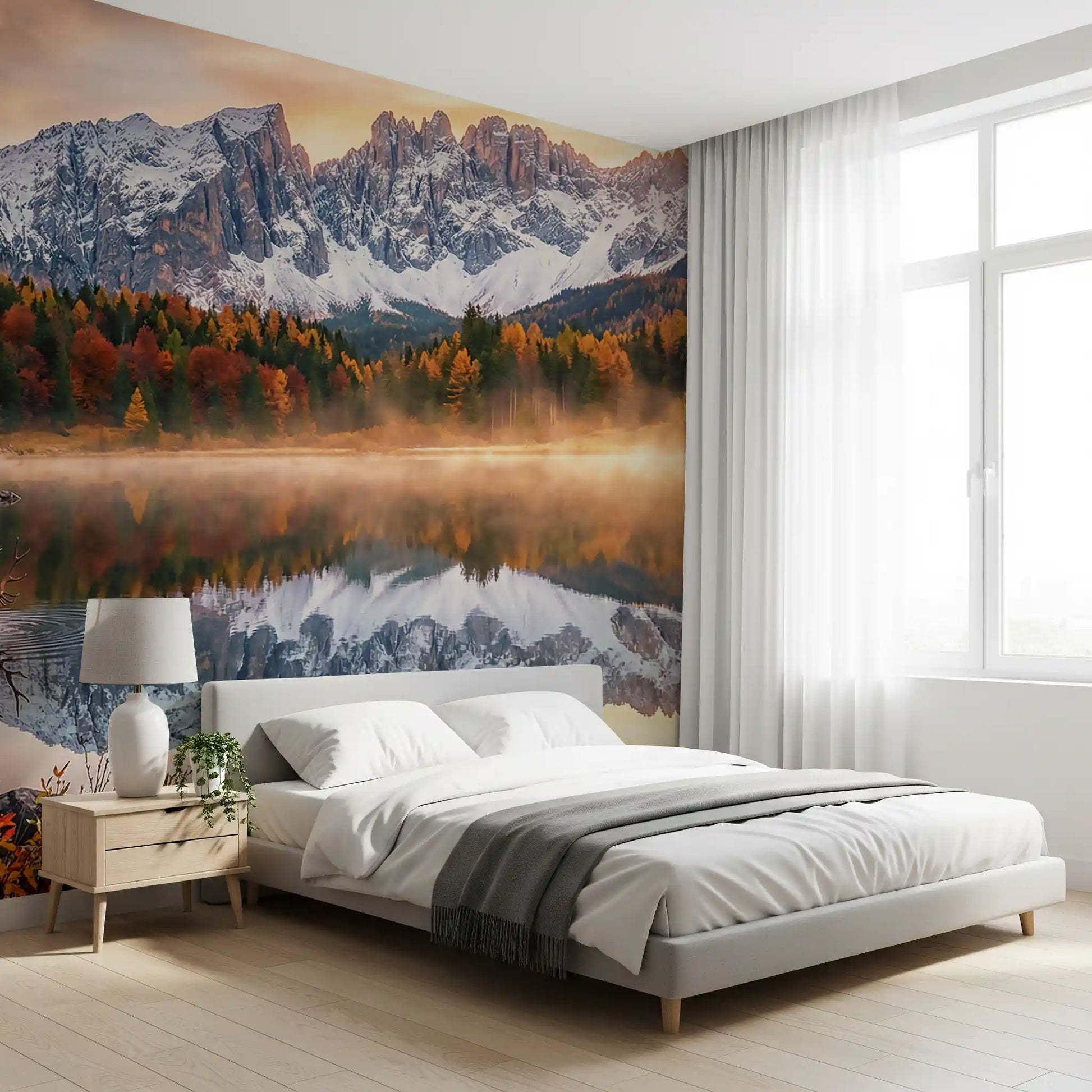 Bedroom styled around Alpine Autumn Serenity wall mural scenic landscape