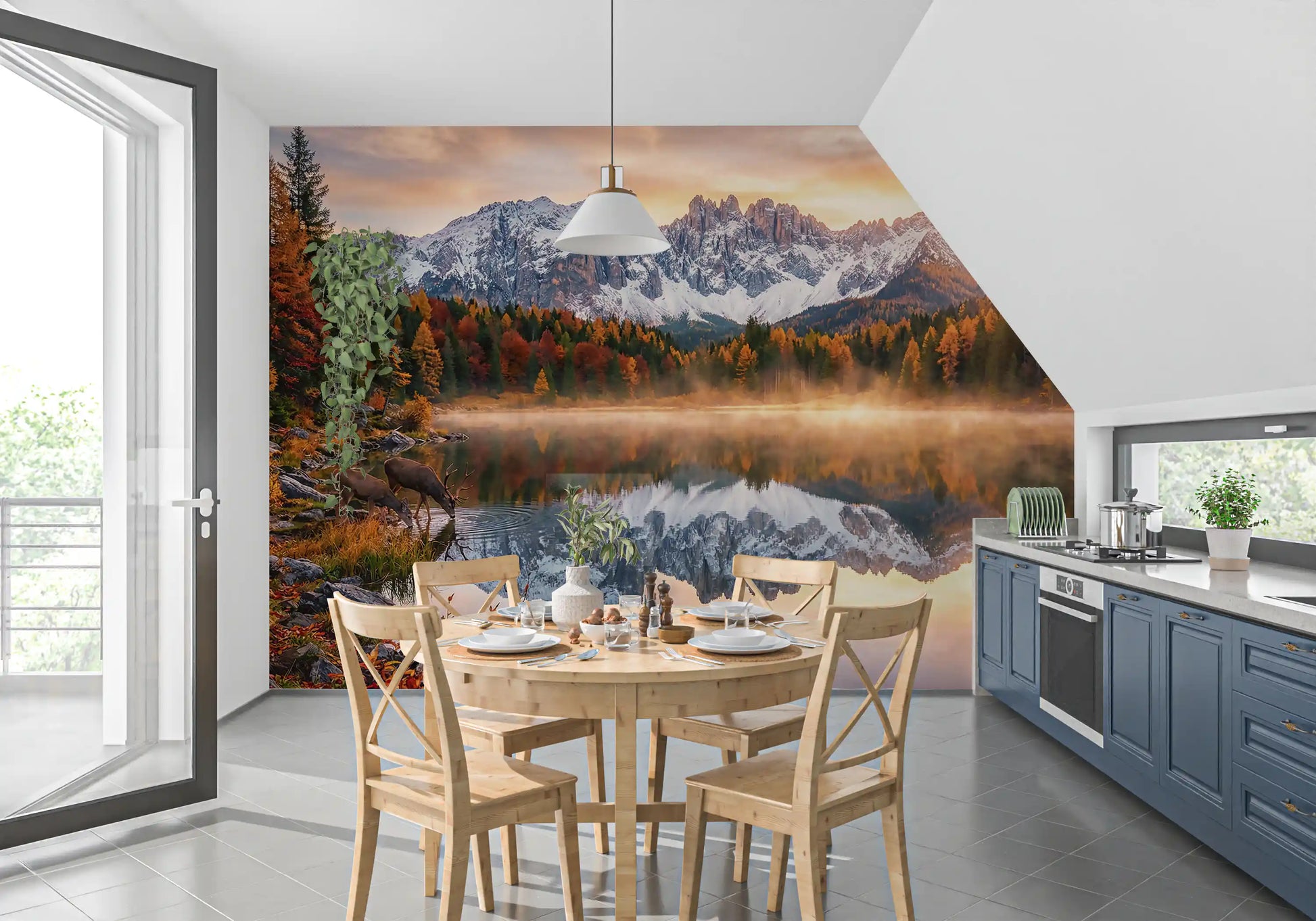 Clear lake surface reflecting forest in Alpine Autumn Serenity wall mural