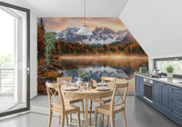 Clear lake surface reflecting forest in Alpine Autumn Serenity wall mural