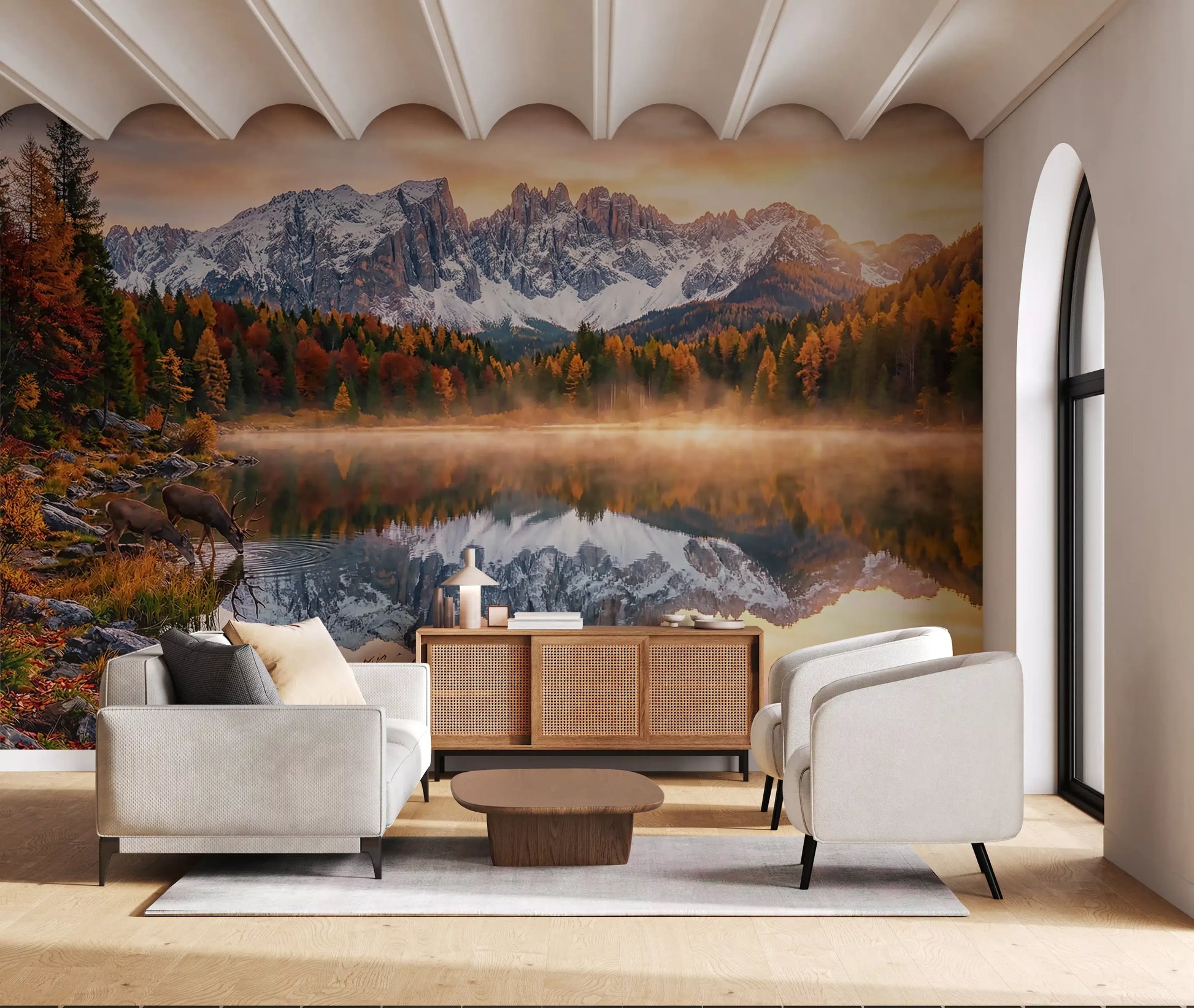 Hallway interior displays Alpine Autumn Serenity wall mural with autumn trees