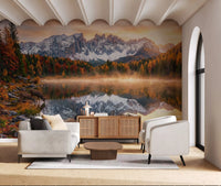 Hallway interior displays Alpine Autumn Serenity wall mural with autumn trees