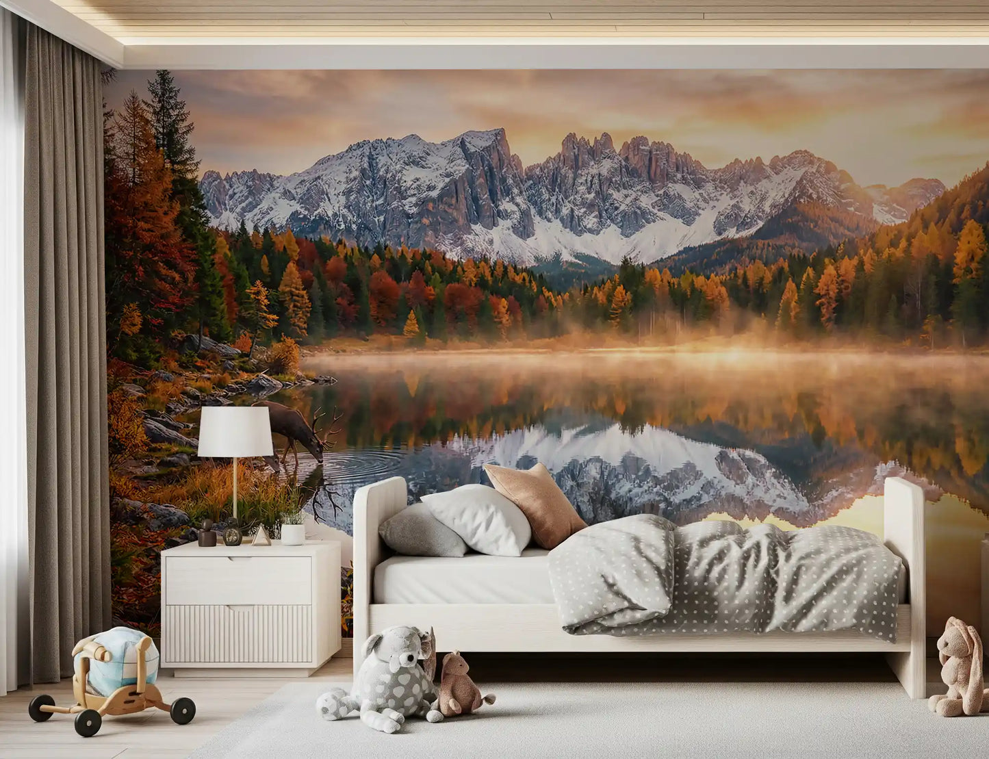 Snow-covered mountains mirrored in Alpine Autumn Serenity wall mural