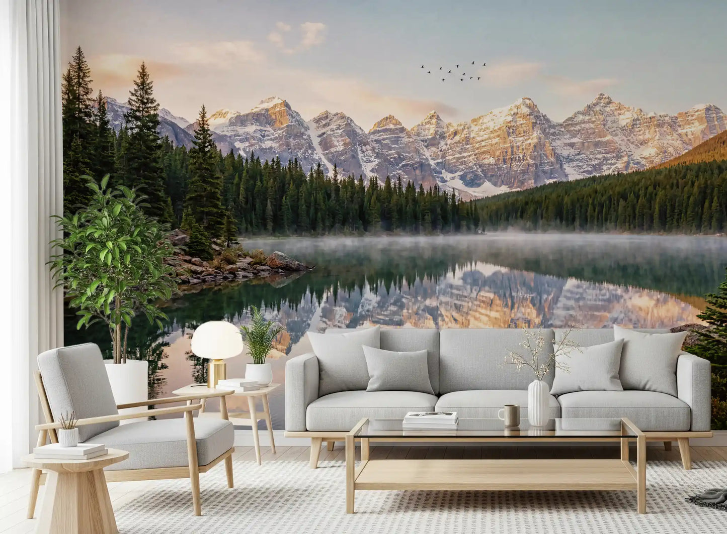 Living room styled with Alpine Dawn Reflection wall mural lake mountain view