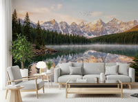 Living room styled with Alpine Dawn Reflection wall mural lake mountain view
