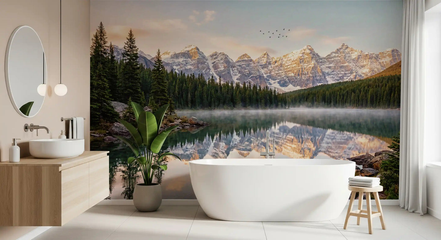 Scenic lake wall mural with Alpine Dawn Reflection mountain peaks
