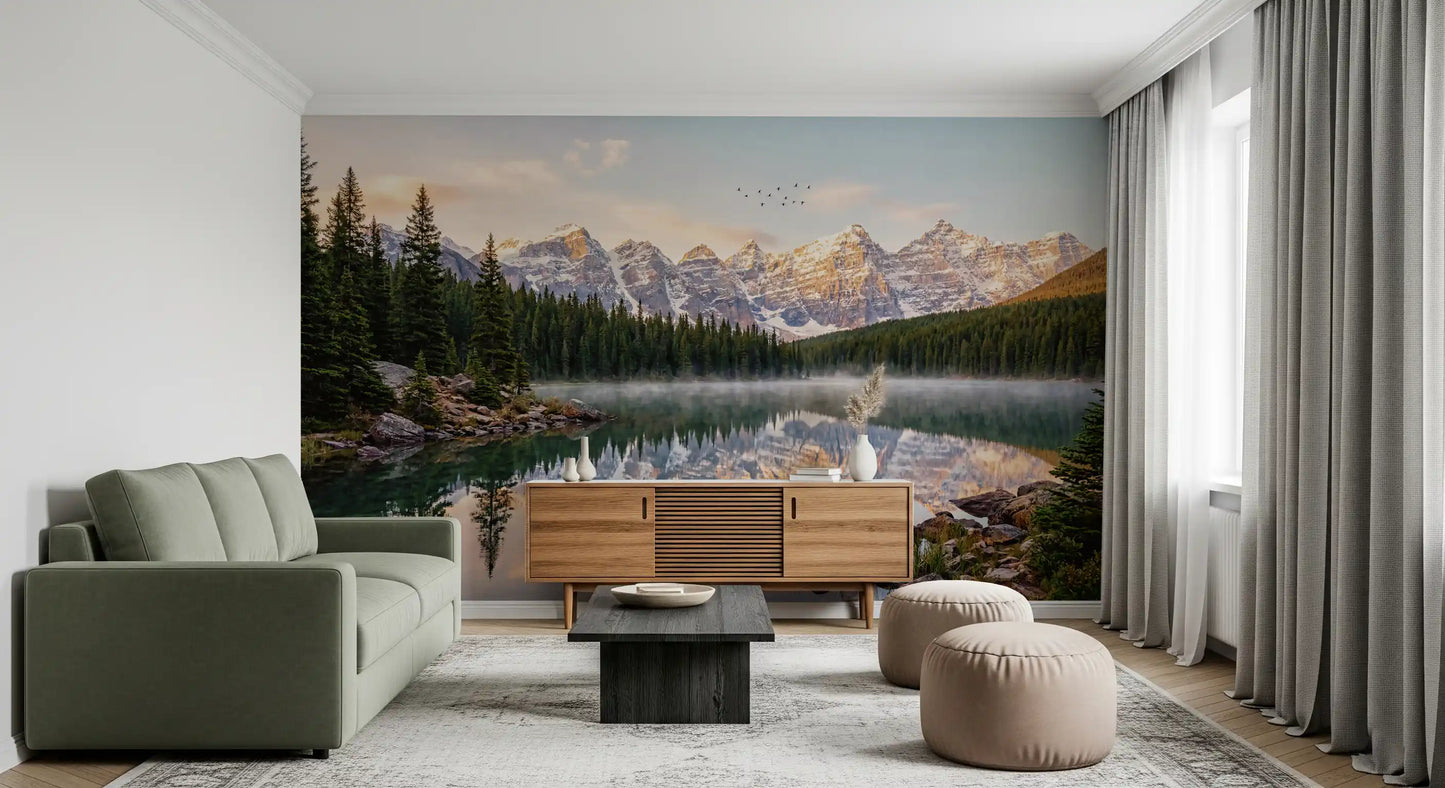 Hallway space using Alpine Dawn Reflection wall mural scenic landscape