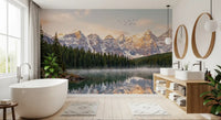 Mountain forest wall mural featuring Alpine Dawn Reflection calm setting