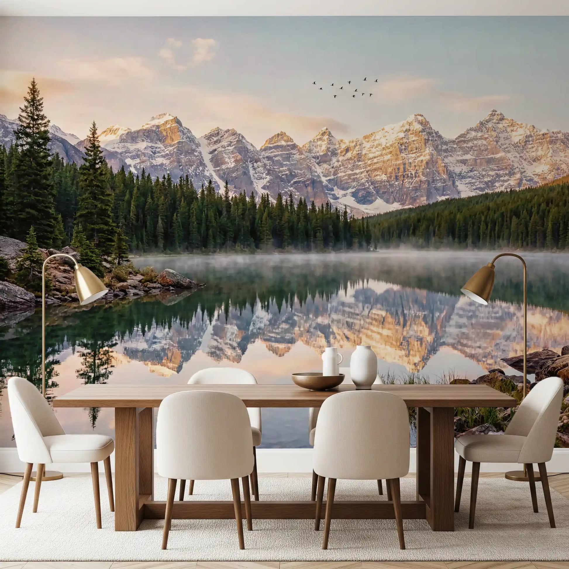 Dining room setup with Alpine Dawn Reflection wall mural mountain lake