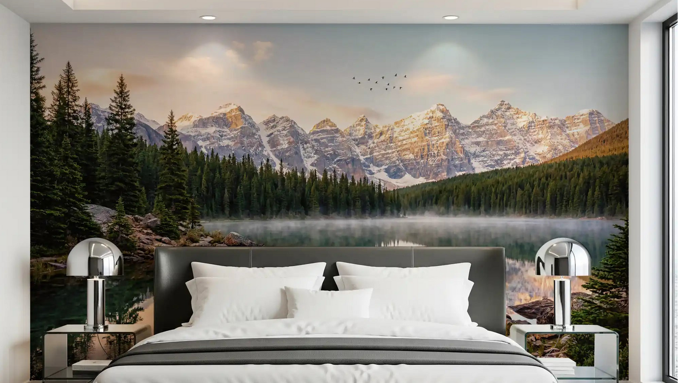 Bedroom wall featuring Alpine Dawn Reflection wall mural forest reflection