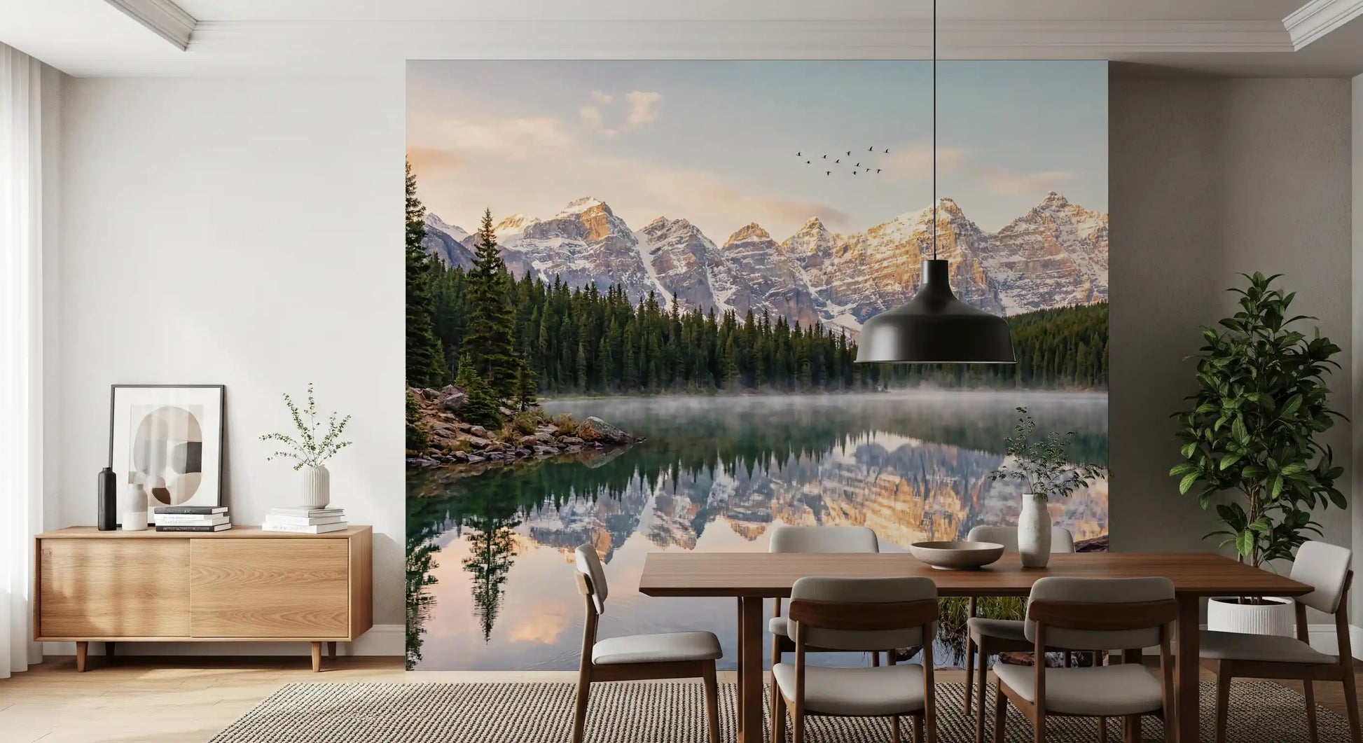 Alpine Dawn Reflection wall mural showing forest and mirrored water