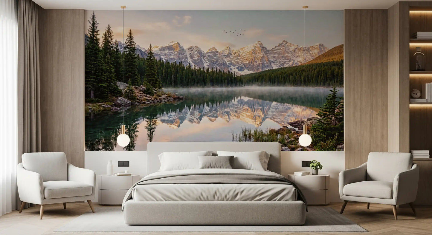 Nature landscape wall mural featuring Alpine Dawn Reflection forest scene