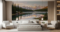 Nature landscape wall mural featuring Alpine Dawn Reflection forest scene